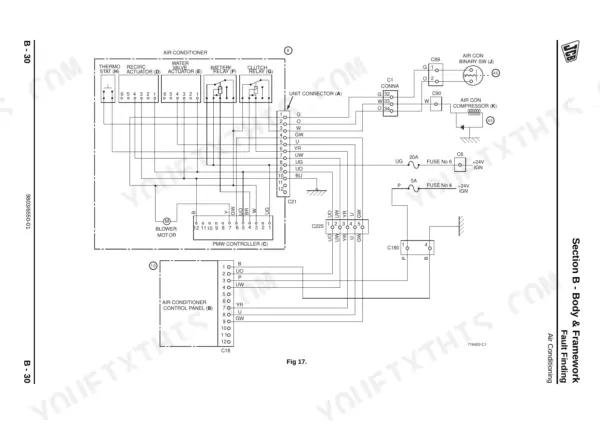 JCB JS175W Auto, JS175W, JS175 Wheeled air conditioning system wiring diagram showing controller, blower, and relays.
