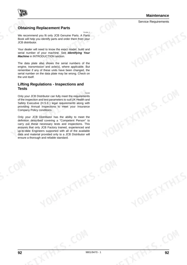 JCB JS175W maintenance manual page on obtaining replacement parts and lifting regulation inspection requirements.