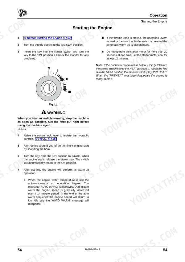 JCB JS175W engine starting procedure, starter switch diagram, and automatic warm-up operation instructions.