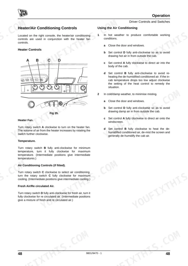 JCB JS175W operator manual page showing heater and air conditioning controls diagram and operating procedures.