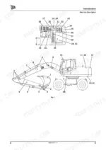 jcb-js175w-wheeled-excavator-operator-manual-9801-9470-1-system-diagram-11.webp JCB JS175W machine description diagram showing numbered components of the excavator boom, bucket, cab, and upper structure.