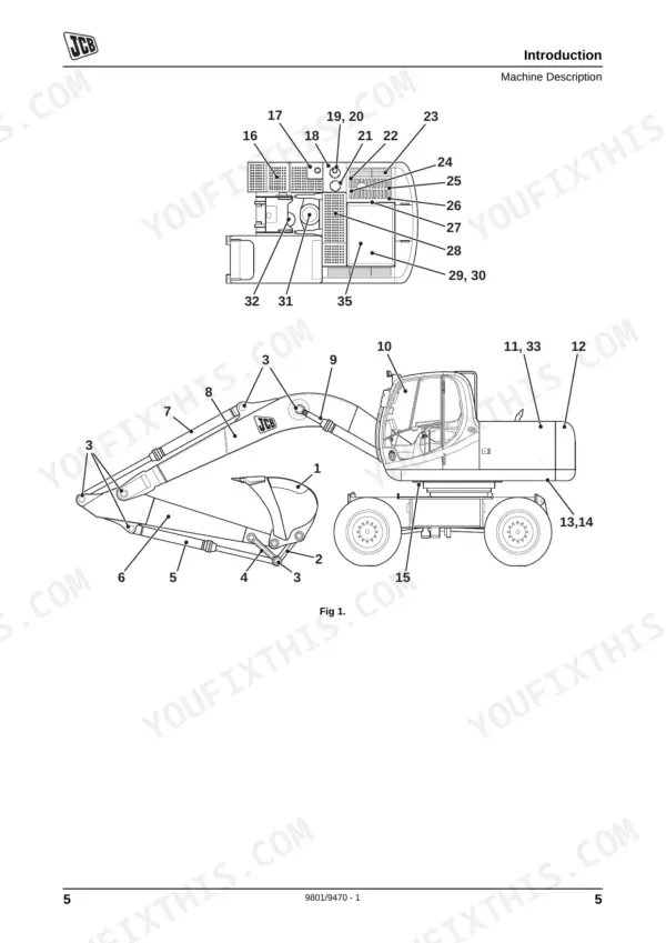 JCB JS175W machine description diagram showing numbered components of the excavator boom, bucket, cab, and upper structure.