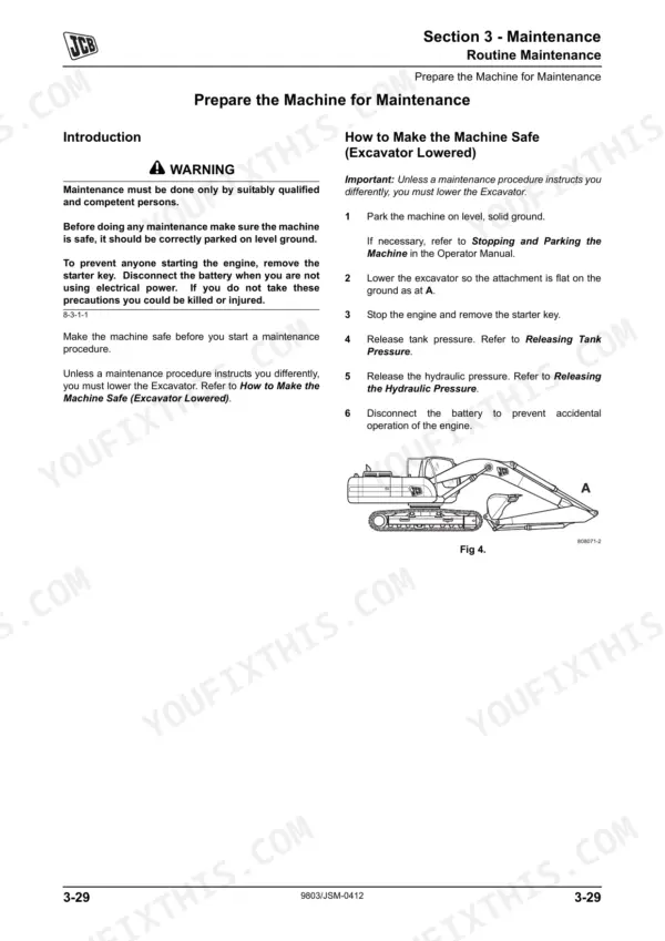 JCB JS200-JS260, JS200, JS220, JS235, JS240, JS260 maintenance manual page showing safety procedures to prepare excavator for service.