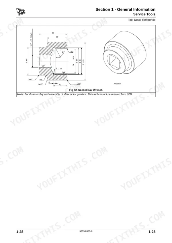 JCB JS200-JS260, JS200, JS220, JS235, JS240, JS260 service tool diagram showing dimensions for a socket box wrench.