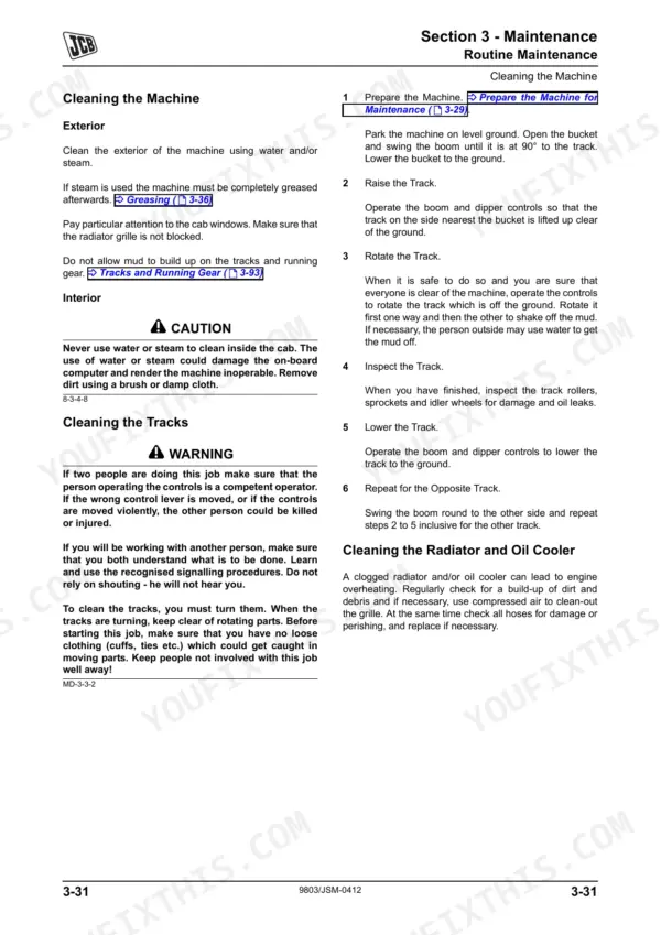 JCB JS200-JS260, JS200, JS220, JS235, JS240, JS260 maintenance manual page for cleaning the machine, tracks, and radiator.
