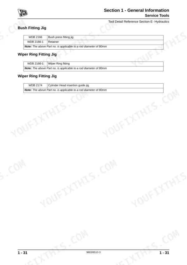 JCB JS200, JS210, JS220, JS240, JS260 service manual table listing bush and wiper ring fitting jig tool part numbers.