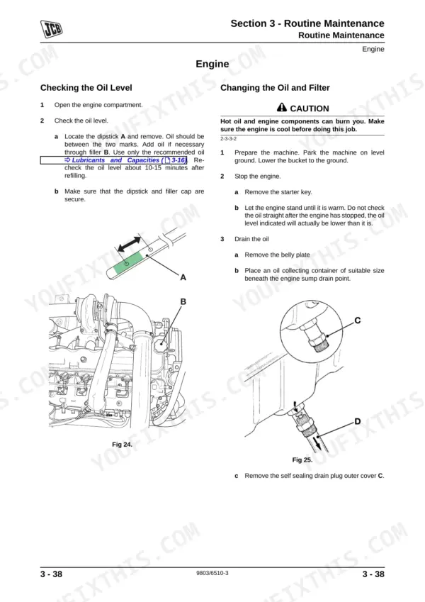 JCB JS200, JS210, JS220, JS240, JS260 engine oil level check and oil change maintenance procedures with diagrams.