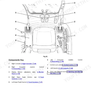 JCB JS240, JS260, JS330, JS360 cab layout diagram showing operator controls, joysticks, and console components.