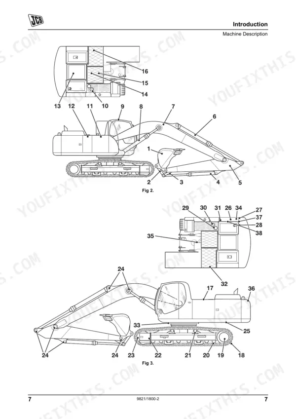JCB JS240, JS260, JS330, JS360 excavator machine description diagrams showing numbered component locations.