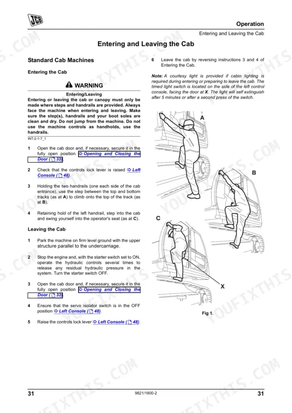 JCB JS240, JS260, JS330, JS360 operator manual page showing procedures for entering and leaving the excavator cab.