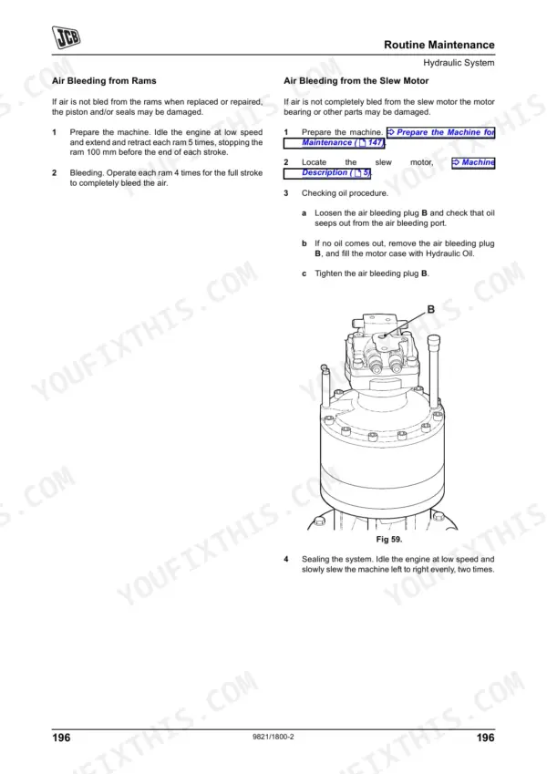 JCB JS240, JS260, JS330, JS360 hydraulic system air bleeding procedures for rams and slew motor with diagram.