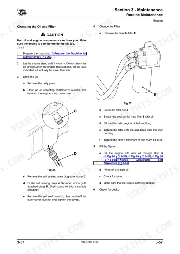 JCB JS290 - Tier III Auto, Tier III Auto engine oil and filter change procedure with drain plug and filter diagrams