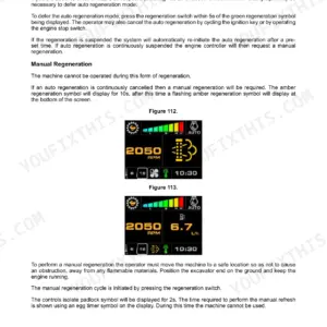 JCB JS300, JS330, JS370 manual regeneration and deferral procedures with instrument cluster display diagrams.