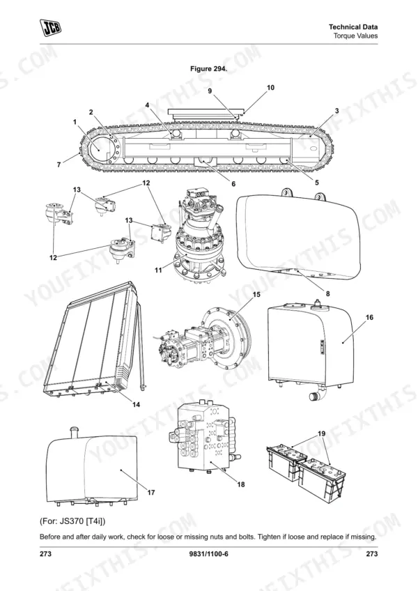 JCB JS300, JS330, JS370 exploded view of track frame, hydraulic motor, pump, radiator, and control valve components.
