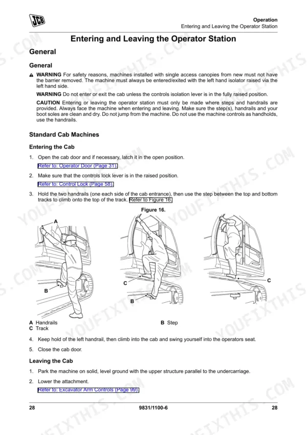 JCB JS300, JS330, JS370 operator manual page showing procedures for entering and leaving the cab with safety illustrations.