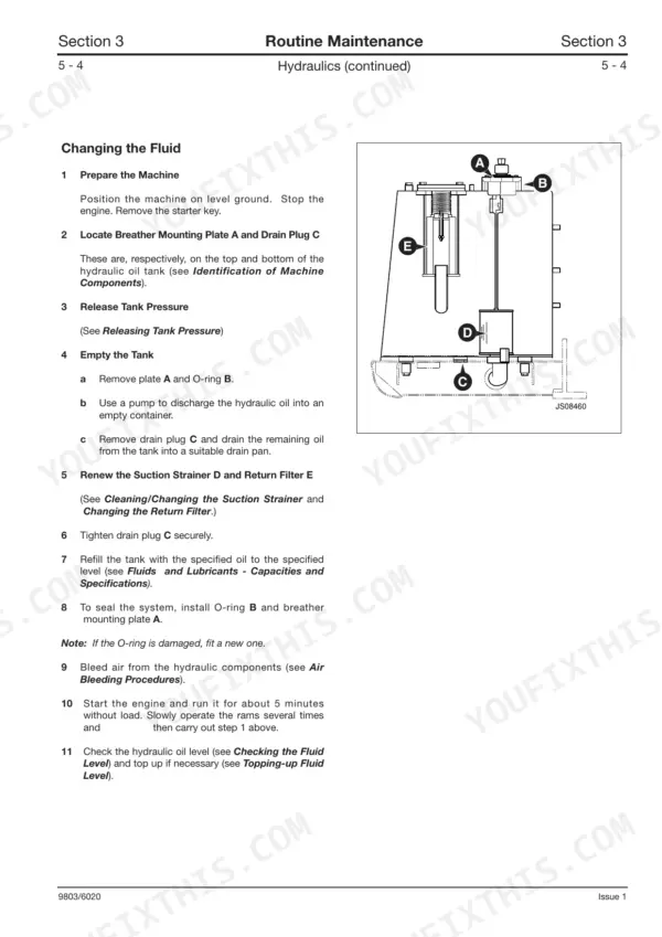 JCB JS70, Isuzu 4JB1 PAA-04: Procedure for changing hydraulic oil, including tank diagram with suction strainer and filter.