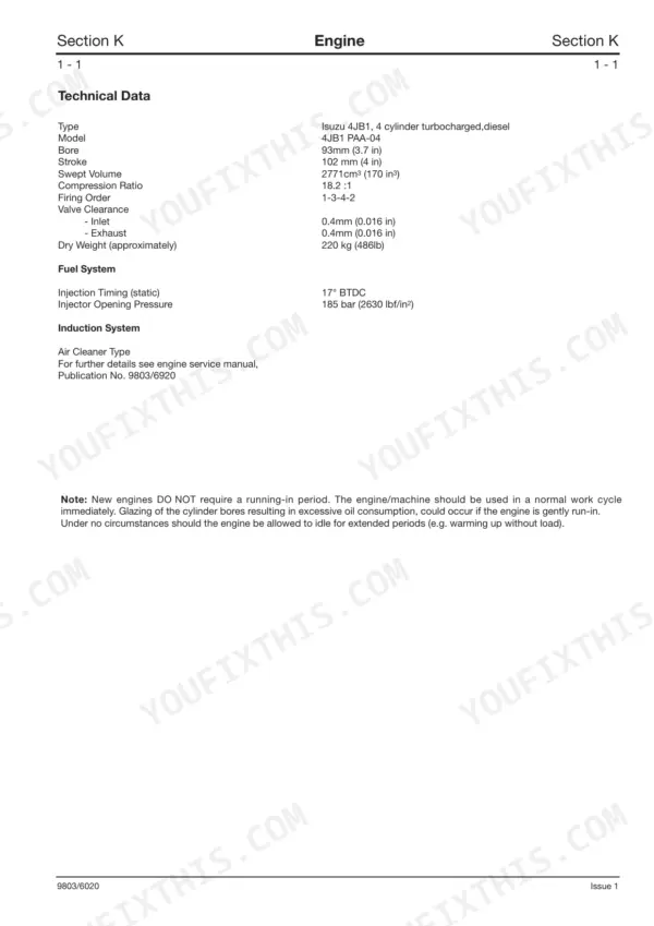 JCB JS70, Isuzu 4JB1 PAA-04 engine technical data table including bore, stroke, valve clearance, and injection timing.