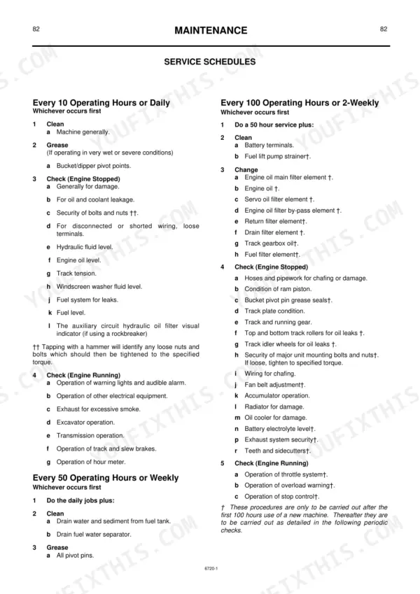 JCB JS70 maintenance service schedule table for 10, 50, and 100 operating hour intervals.