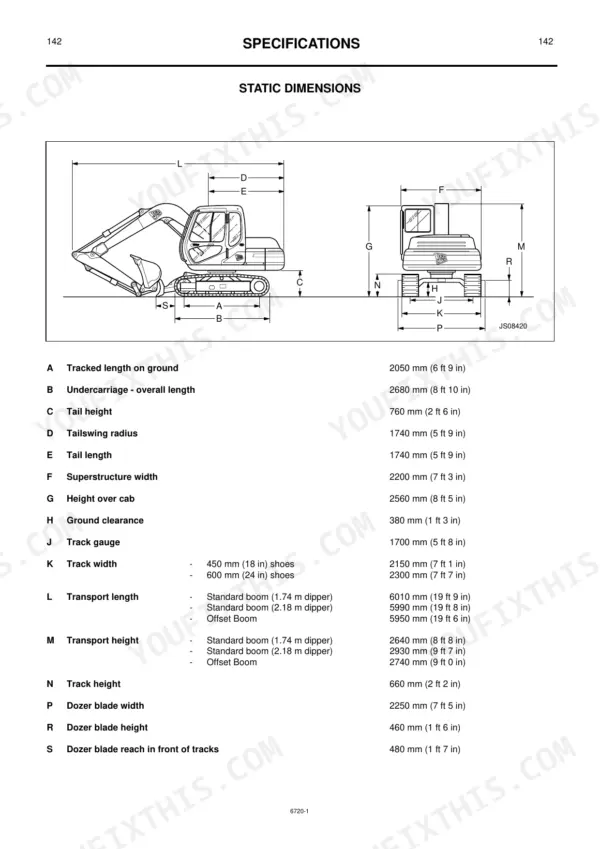 JCB JS70 static dimensions diagram and specifications table for track, transport, and dozer blade measurements.