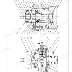 JCB JZ 70 hydraulic pump exploded view diagram showing internal components, shafts, and pistons with numbered parts list.
