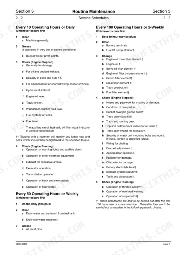 JCB JZ 70 routine maintenance service schedule for 10, 50, and 100 operating hours including daily and weekly tasks.