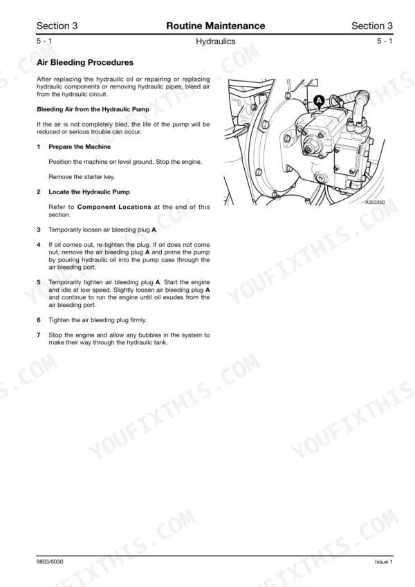 JCB JZ 70 hydraulic pump air bleeding procedure with diagram showing location of air bleeding plug A.