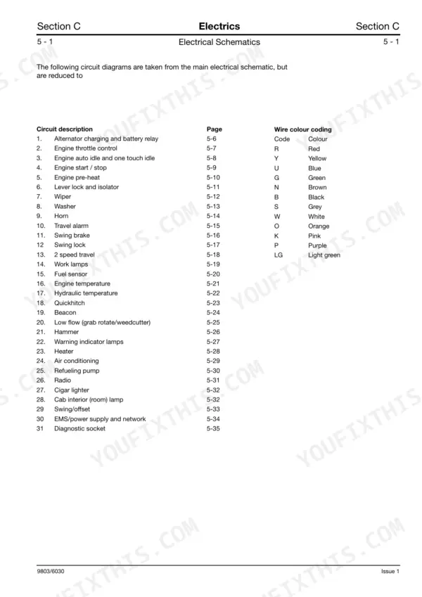 JCB JZ 70 electrical schematics index table listing circuit descriptions, page references, and wire colour coding.
