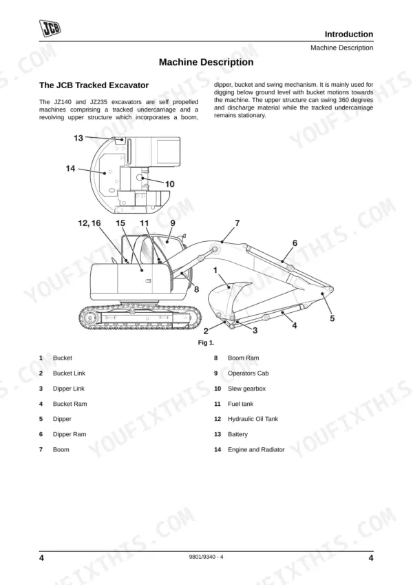 JCB JZ140, JZ235, JZ255 tracked excavator machine description diagram with numbered component identification list.