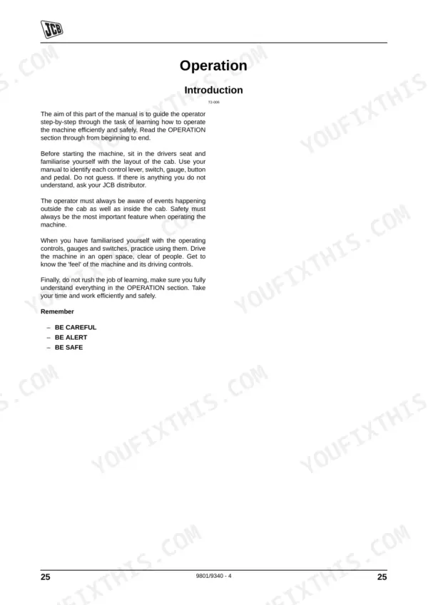 JCB JZ140, JZ235, JZ255 operator manual introduction page detailing safe machine operation and cab control familiarization.