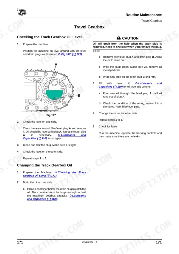 JCB JZ140, JZ235, JZ255 travel gearbox oil level check and oil change maintenance procedure diagram.