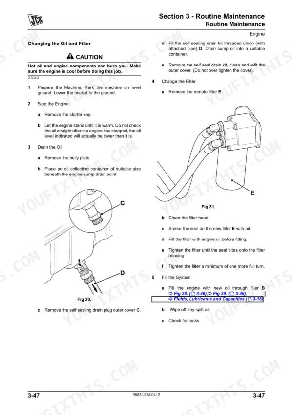 JCB JZ140, JZ140HD, JZ235, JZ255, JS200 engine oil and filter change procedure with drain plug and filter diagrams.