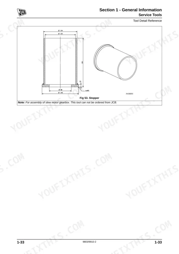 JCB JZ140, JZ140HD, JZ235, JZ255, JS200 service tool diagram showing dimensions for a slew motor gearbox stopper.
