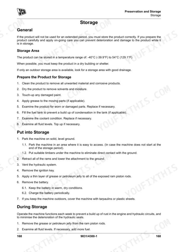 JCB JZ140 [T4i], JZ141 [T4F] maintenance manual page detailing machine preservation and long-term storage procedures.