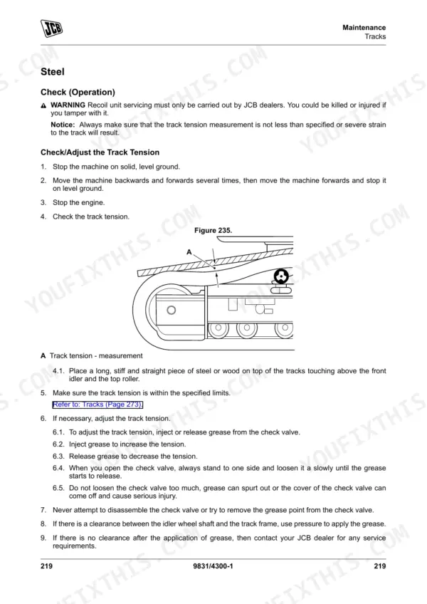 JCB JZ140 [T4i], JZ141 [T4F] maintenance procedure for checking and adjusting steel track tension with diagram.