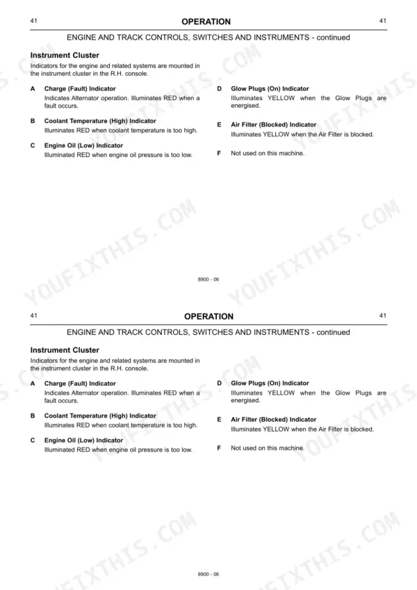 JCB Micro, Micro Plus, JCB Micro Excavator instrument cluster indicator light descriptions and operation guide.