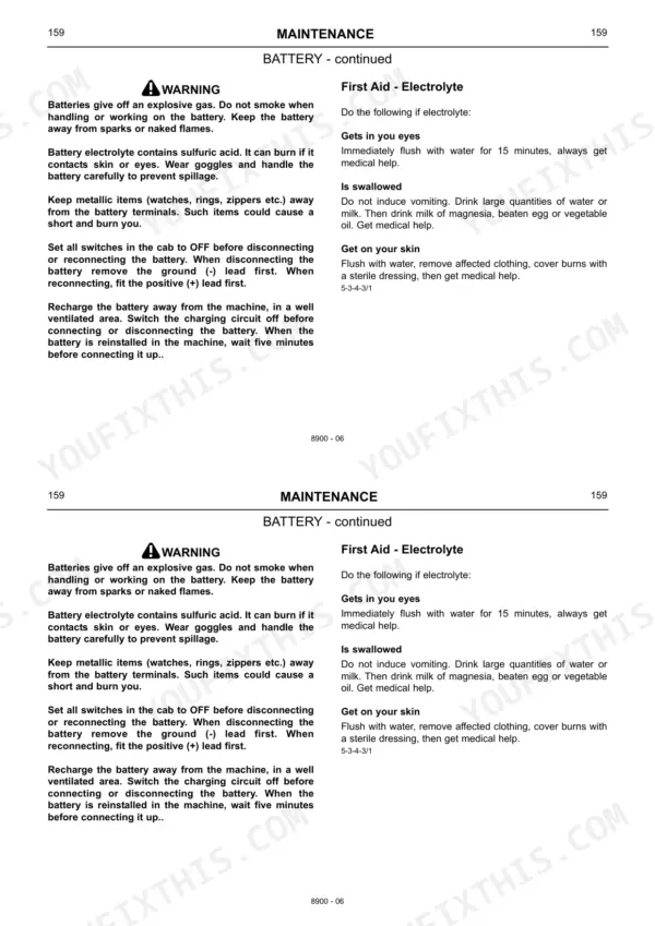 JCB Micro, Micro Plus, JCB Micro Excavator maintenance manual page covering battery safety and electrolyte first aid.