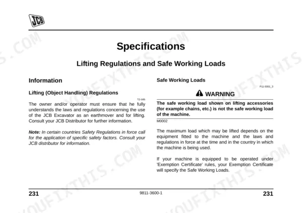 JCB Micro, Micro Tier 3, Micro Plus, Micro Plus Tier 3, Micro 8008 specifications for lifting regulations and safe loads.