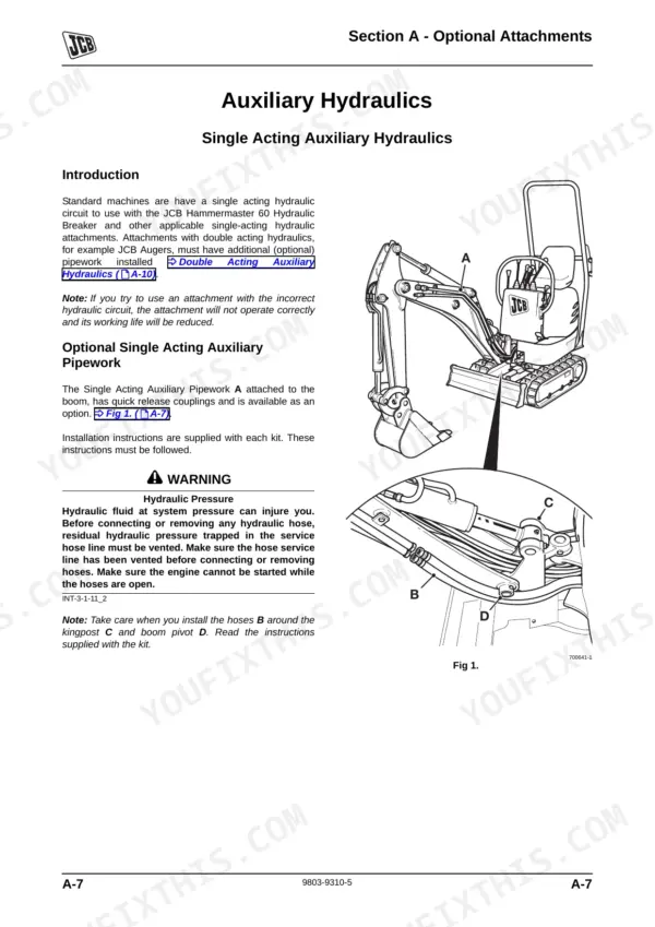 JCB Micro, Micro Plus, 8008, 8010, Micro Tier 3, Micro Plus Tier 3, 8008CTS, 8010CTS single acting auxiliary hydraulics diagram
