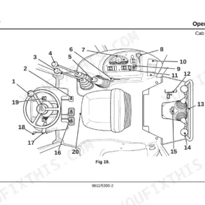 JCB MIDI CX cab layout diagram showing operator controls, steering wheel, instrument panel, and seat numbered 1-20.