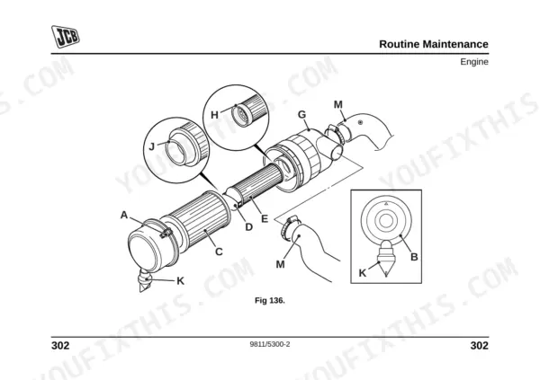 JCB MIDI CX exploded view diagram of the engine air cleaner assembly, showing filter elements and housing components.