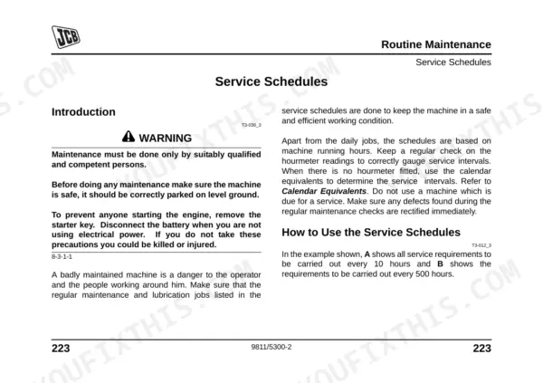 JCB MIDI CX routine maintenance service schedules introduction, safety warnings, and instructions on how to use schedules.