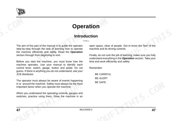 JCB MIDI CX operator manual page 47, introduction to machine operation, safety guidelines, and control familiarization.