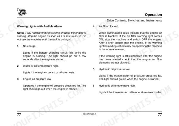 JCB MIDI CX operator manual page detailing warning lights, audible alarms, and engine or hydraulic fault indicators.
