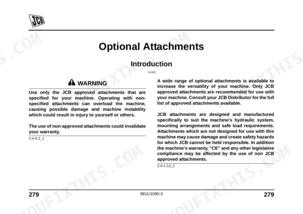 JCB MIDI CX BACKHOE LOADER optional attachments introduction and safety warning page regarding approved equipment.