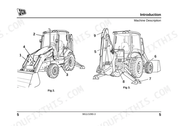 JCB MIDI CX BACKHOE LOADER machine description diagram showing numbered components on front and rear views.