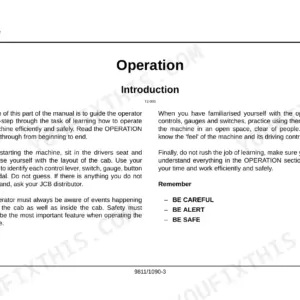 JCB MIDI CX BACKHOE LOADER operation manual introduction page detailing operator safety, controls, and machine familiarization.
