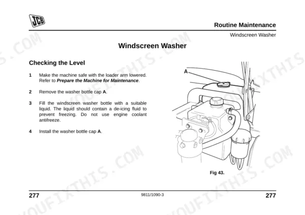 JCB MIDI CX BACKHOE LOADER maintenance procedure for checking and filling the windscreen washer fluid reservoir.