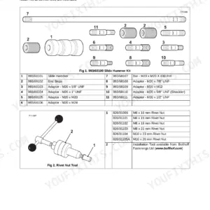 JCB Midi CX Backhoe Loader service tools: slide hammer kit components and rivet nut tool parts list with part numbers.