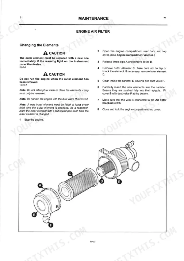 JCB ROBOT 150, 165 maintenance manual page showing engine air filter element replacement procedure and canister diagram.