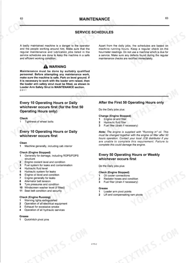 JCB ROBOT 150, 165 maintenance page showing daily, 50-hour, and first 50-hour service schedule checklists.